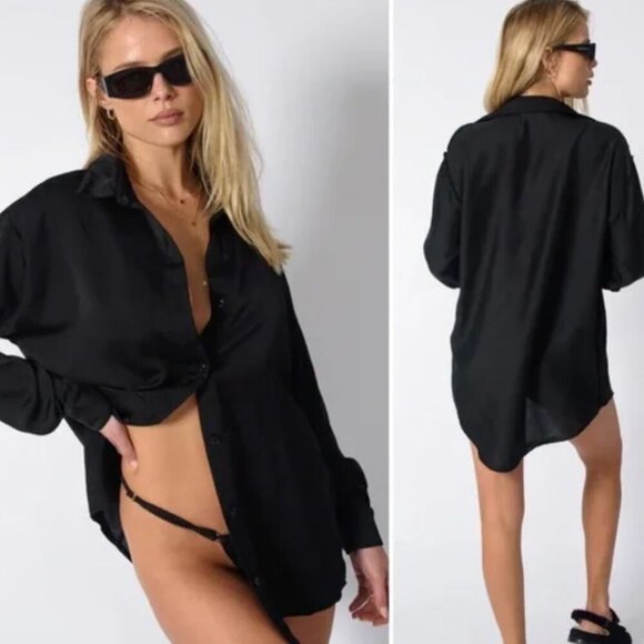 Skatie | Phoenix Button Down Satin Collared Shirt Swimsuit Cover up in Kilauea - Picture 2 of 10